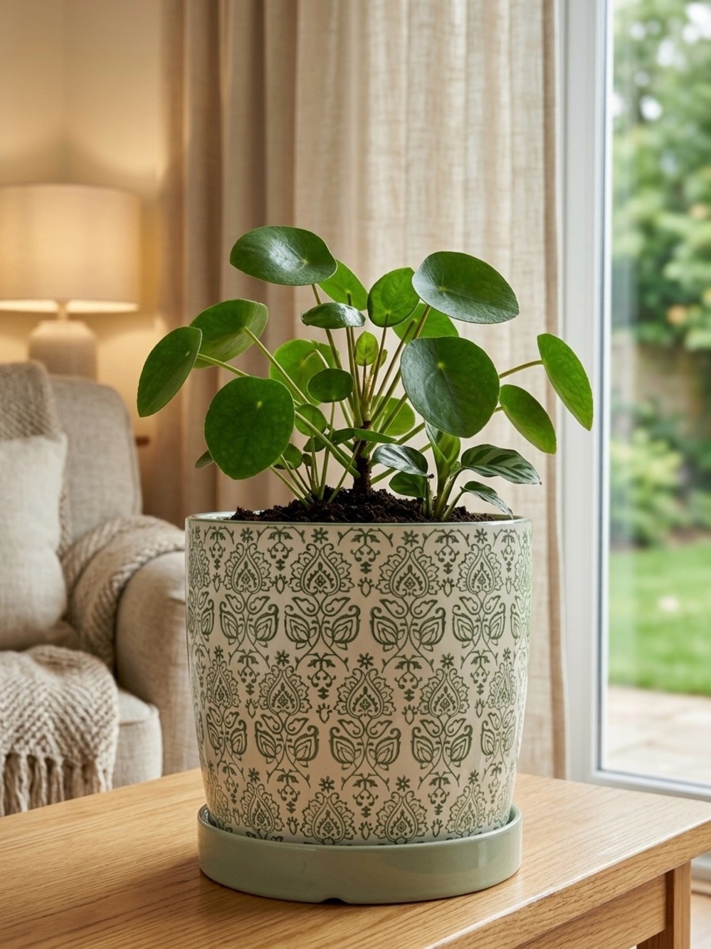 Ceramic Planter with Saucer Attached 7 Inch | Green Patterned Flower Pot